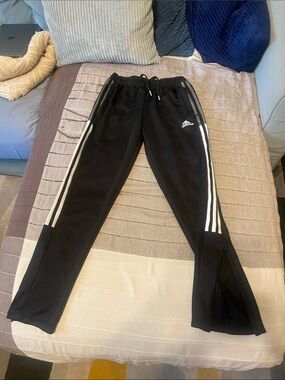 adidas Black Track Pants with White Side Stripes and Logo. Barely worn.